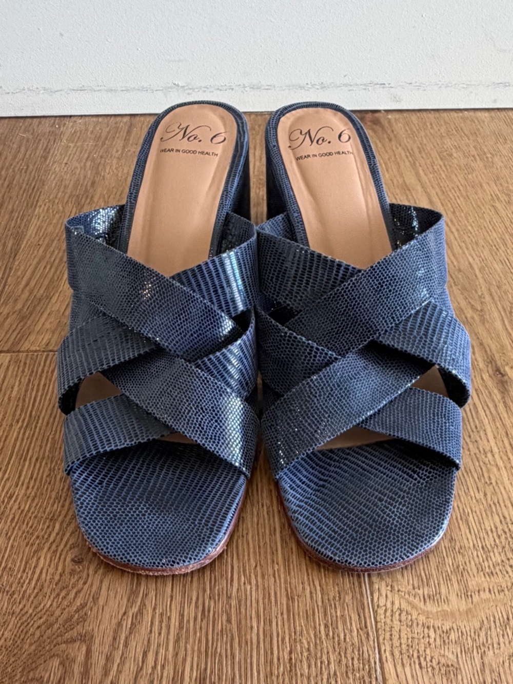 No. 6 blue stamped leather wedge mules, size 9